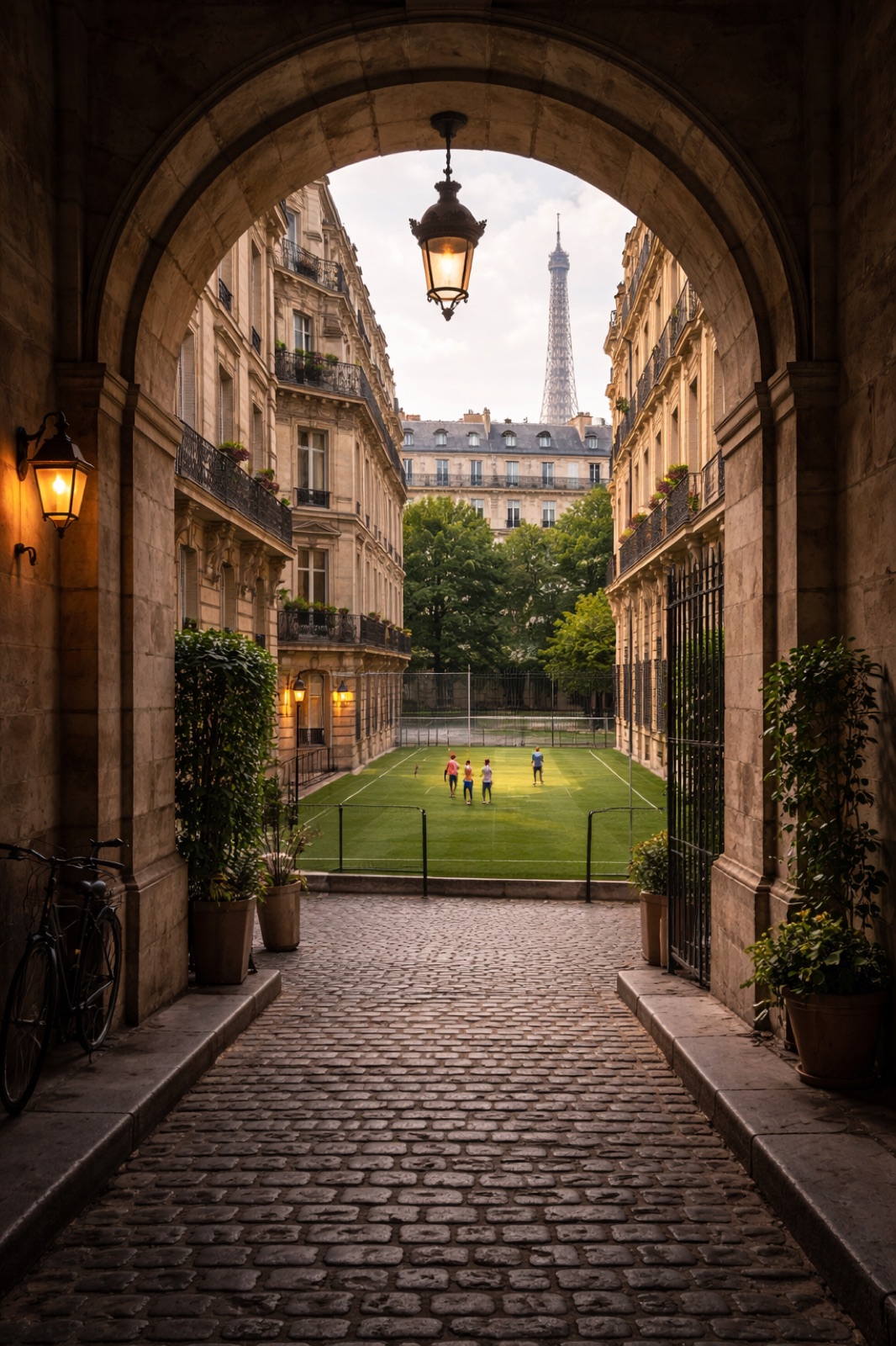 Play the World Paris: hidden courtyard pitch framed by Haussmann facades with Eiffel Tower visible above