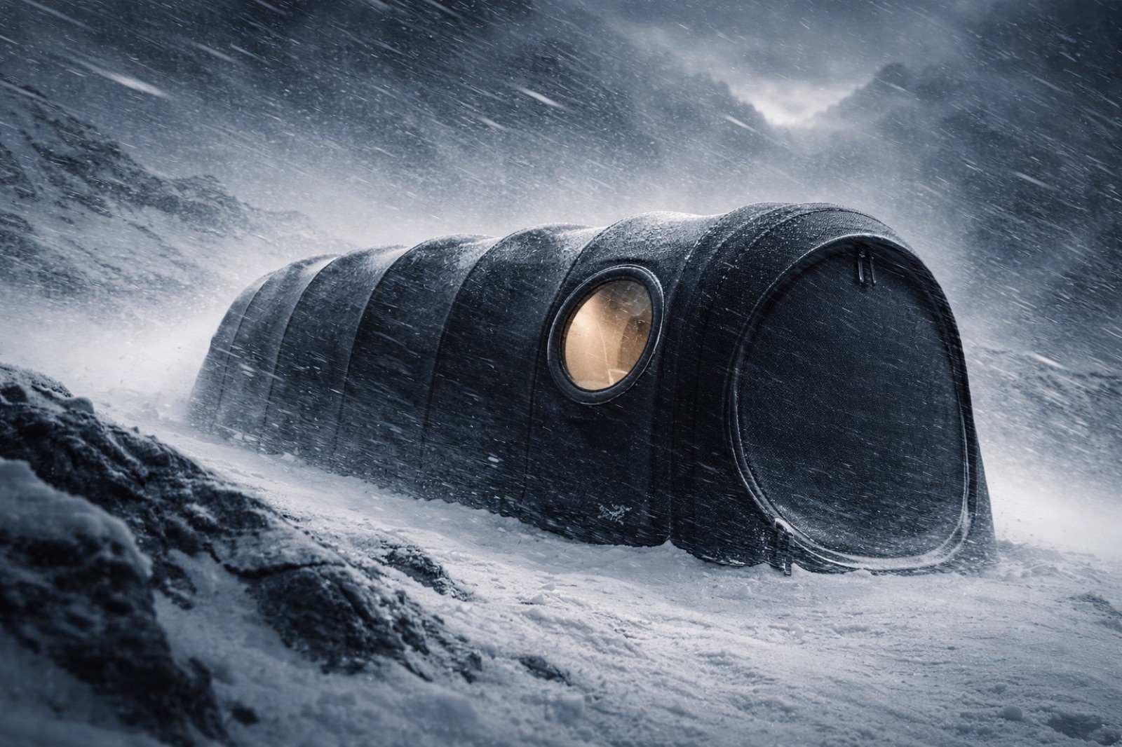 TALUS adaptive shelter system deployed in alpine blizzard conditions